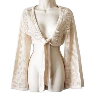 Crochet Flare Long Sleeve Tie-Front Crop Shrug Knit Top Sweater S Cream